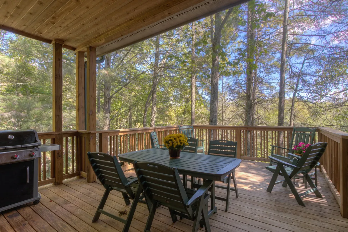 An inviting exterior deck scene with a grill, dining table, flower pot, and wooden railing, set against a backdrop of trees. The setup encourages outdoor dining, celebrations, and relaxation after a day of exploring.